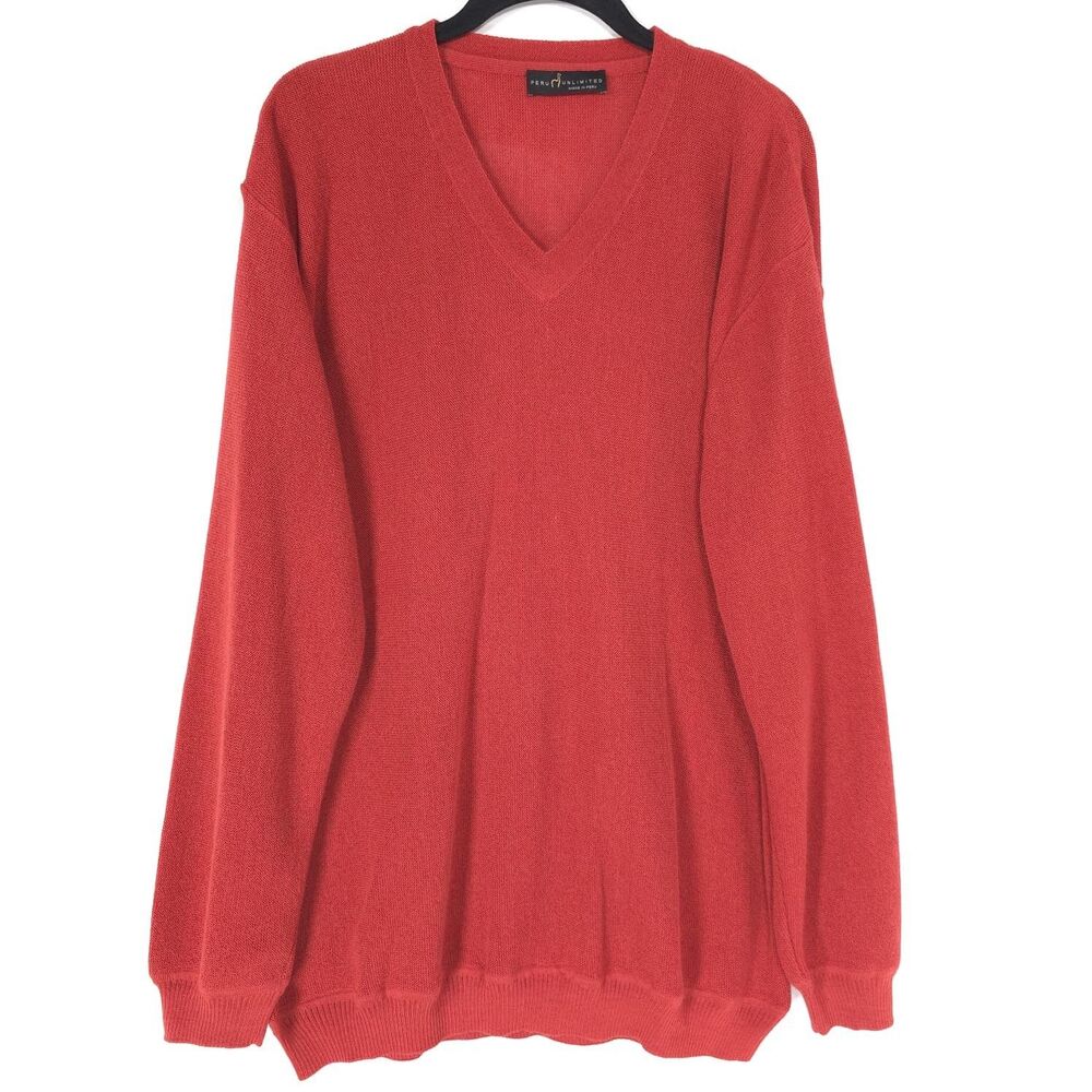 PERU UNLIMITED Mens Sweater XL Red Baby Alpaca Wool Knit V Neck PERU MADE